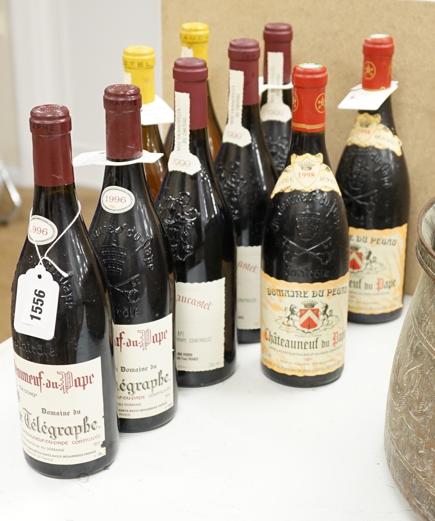 9 bottles of wine - 5 bottles of 1996 Chateauneuf Du Pape Dieux Telegraphe, 2 bottles of 1998 Chateauneuf Du Pape Domaine Du Pegau and 2 bottles of 1996 Chateau De Beaucastel